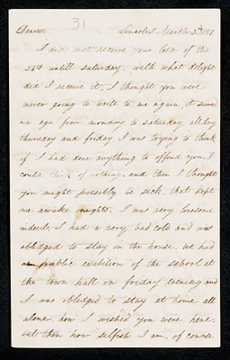 Letter to 'Bela' [Isabel M. Carret, Dedham, Mass.] from 'Willie' [William L. G. Peirce, Lincoln, Mass.], March-April 1851