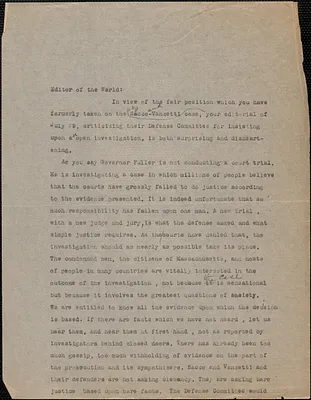 [Margaret Shipman] typed letter (copy) to Editor, The World, Lee, Mass., July 23, 1927