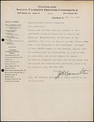 J. A. Hamilton (Cleveland Sacco-Vanzetti Defense Conference) typed letter signed to Sacco-Vanzetti Defense Committee, Cleveland, Ohio, February 20, 1925