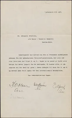 I. V. Olsen et al typed letter, in Swedish, to [Georg] Branting, Kjøbenhavn, June 3, 1927