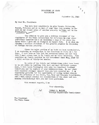 Letter from Thomas McCabe to President Harry S. Truman, with Attachments