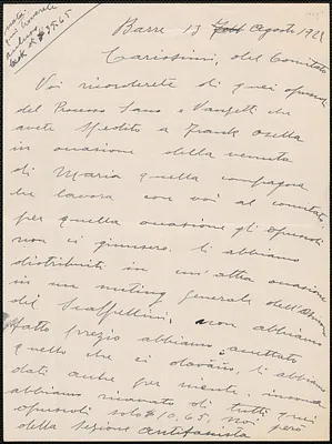 A. Pizzol autograph letter signed, in Italian, to Sacco-Vanzetti Defense Committee, Barre, Italy, August 13, 1927