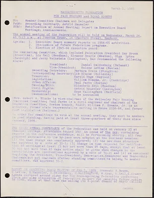 Massachusetts Federation for Fair Housing and Equal Rights Notification of Annual Meeting, Report on Executive Board Meetings, Announcements