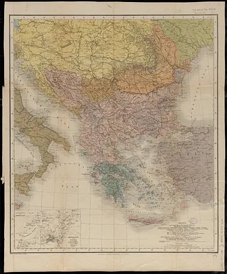 Kriegsschauplatz uebersichtskarte der Europäischen Türkei mit den vasallenstaaten Montenegro, Serbien, Rumænien u. Griechenland