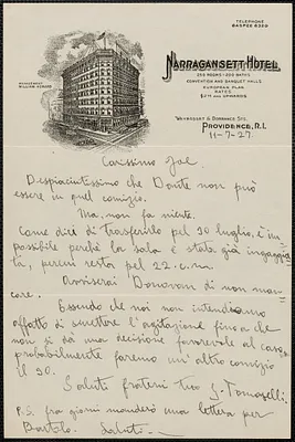 Giuseppe Tomaselli autograph letter signed to Joseph Moro, Providence, R.I., July 11, 1927