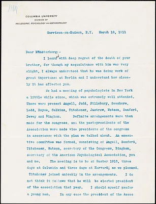 Cattell, James McKeen, 1860-1944 typed letter signed to Hugo Münsterberg, Garrison-on-Hudson, 18 March 1911