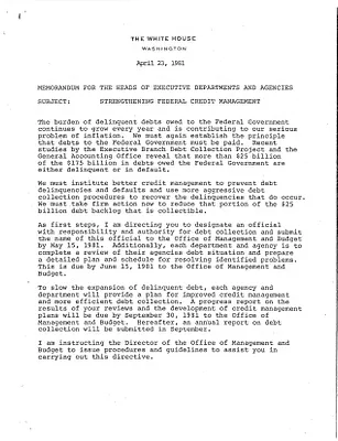 Memorandum for Heads of the Executive Departments and Agencies from President Ronald Reagan about strengthening federal credit management, 04/23/1981