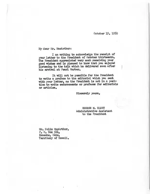 Letter from George Elsey to Colin MacArthur