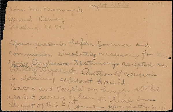 Mary A. Donovan telegram (draft) to John Van Vaerenewyck, Boston, Mass., [July? 1927]