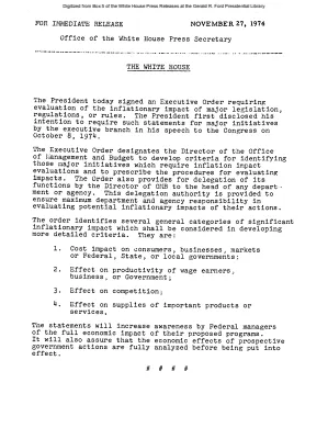 President Signs Executive Order Requiring Evaluation of Inflationary Impact of Major Legislation [Signing Statements and Announcements]