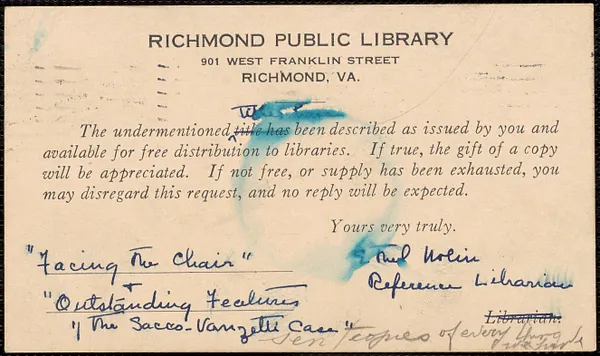 Ethel Nolin (Richmond Public Library) note signed (postcard) to Sacco-Vanzetti Defense Committee, Richmond, Va., August 12, 1927