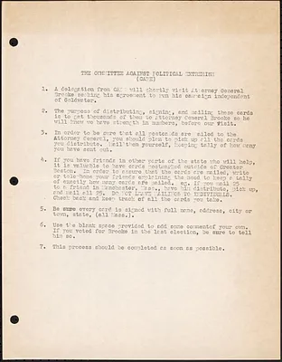 CAPE document outlining process for mailing postcards to Attorney General about agreeing to run his campaign independently of Goldwater