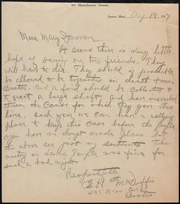 E. H. McDuffie autograph letter signed to Mary Donovan, Boston, Mass., August 19, 1927