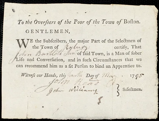 Sarah Harris indentured to apprentice with John Bartlett, Jr. of Roxbury, 6 May 1795