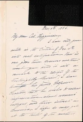 Alice Freeman Palmer autograph letter signed to Thomas Wentworth Higginson, [Wellesley, Mass.], 6 December 1886