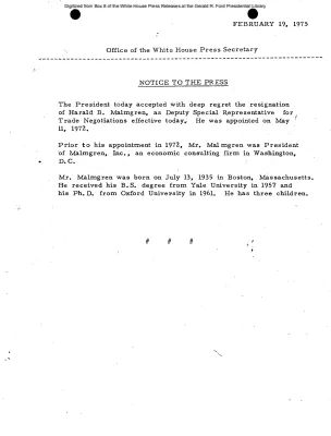 President Accepts Resignation of Harold B. Malmgren as Deputy Special Representative for Trade Negotiations [Position Appointments and Resignations]