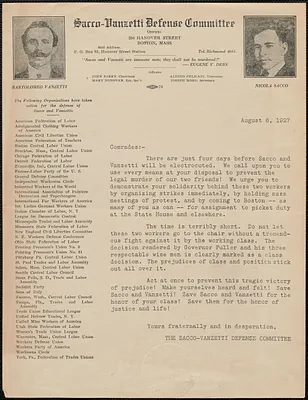 Sacco-Vanzetti Defense Committee typed letter (circular), Boston, Mass., August 6, 1927