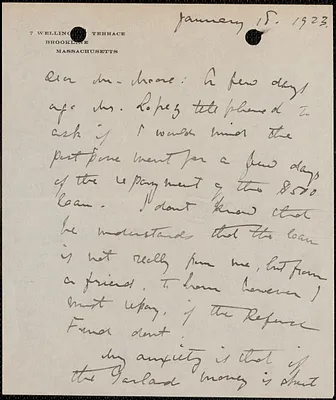 Elizabeth G[lendower] Evans autograph letter signed to [Fred H.] Moore, Brookline, Mass., January 18, 1923
