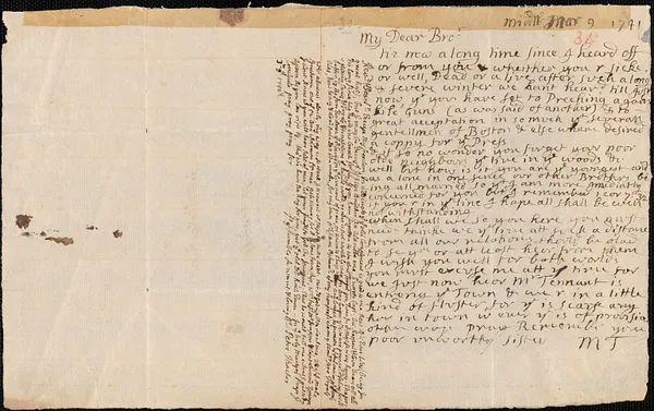 Letter from Mary Thacher to her brother Peter Thacher, Middleborough, 1741/1742 March 9 ; Letter from Peter Thacher to Nathan Prince, 1740 May 9