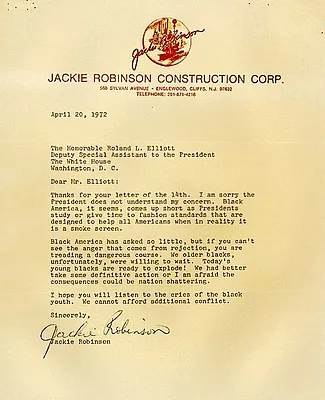 Letter to Roland L. Elliott, Deputy Special Assistant to President Richard Nixon, from Jackie Robinson
