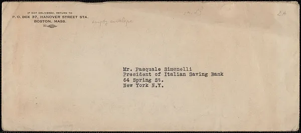 Envelope addressed to Pasquale Simonelli, Boston, Mass., [1923?]