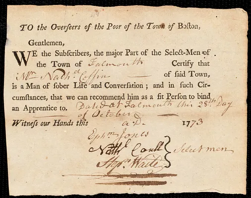 Katherine [Katharine] White indentured to apprentice with Nathaniel Coffin of Falmouth, 2 October 1773