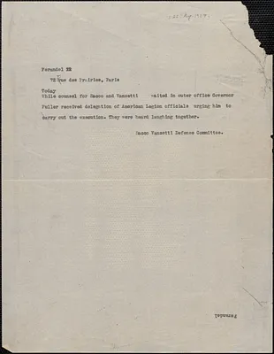 Sacco-Vanzetti Defense Committee telegram (copy) to Ferandel, [Boston, Mass., August 22, 1927]