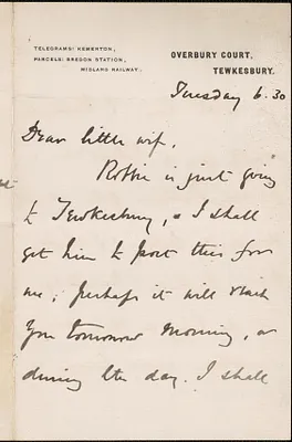 [John Biddulph Martin] autograph note signed to [Victoria Woodhull Martin], Tewkesbury, [England], approximately 1883-1897