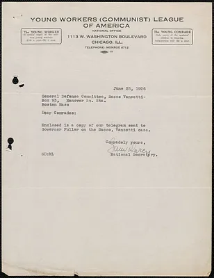 Sam Darcy (Young Workers (Communist) League of America) typed note signed to Sacco-Vanzetti Defense Committee, Chicago, Ill., June 25, 1926