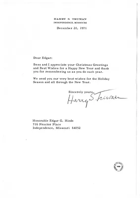 Letter from Harry S. Truman to Edgar Hinde