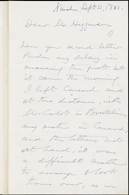 Edward Waldo Emerson autograph note signed to Thomas Wentworth Higginson, Naushon, Mass., 22 September 1883