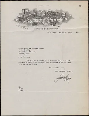 J. Baskin (The Workmen's Circle) typed note signed to Sacco-Vanzetti Defense Committee, New York, N.Y., August 19, 1927