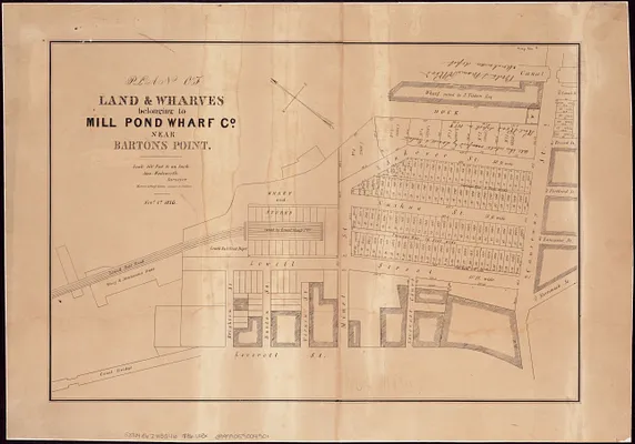 Plan of land & wharves belonging to Mill Pond Wharf Co. near Bartons Point