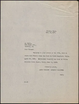 Sacco-Vanzetti Defense Committee typed note (copy) to Albert Suess, Boston, Mass., October 19, 1927