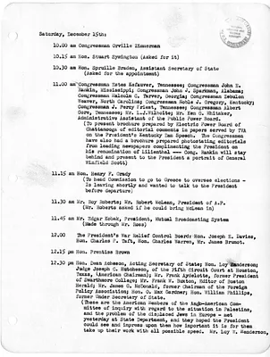 Daily Appointment Sheet for President Harry S. Truman