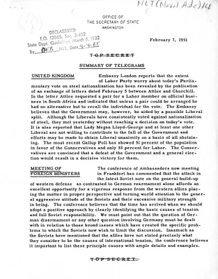 Memorandum, State Department Summary of Telegrams