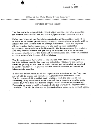 Bill Signing Statement for Perishable Agricultural Commodities Act [Signing Statements and Announcements]