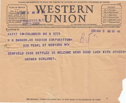 Telegram to H.H. Barker, March 8, 1930