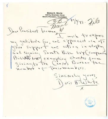 Letter from Doris White to President Harry S. Truman