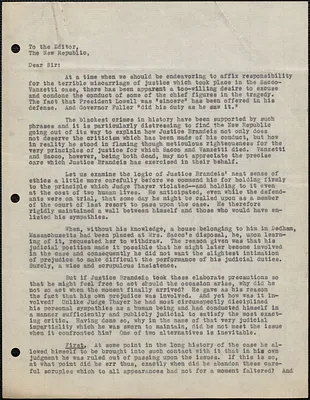 [Creighton J. Hill] typed letter (copy) to the Editors, The New Republic, [Boston, Mass.], September 19, 1927