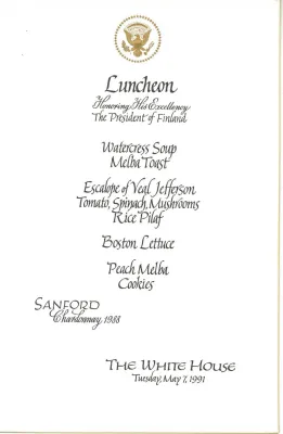 Cards-Menus, Luncheon, Honoring His Excellency The President of Finland, The White House, May 7, 1991