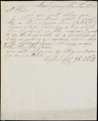 J.R. Elliott, Montgomery, Ala., manuscript note signed to Ziba B. Oakes, 3 November 1856