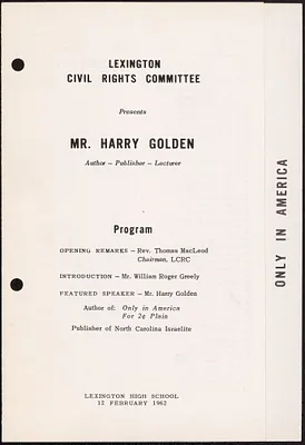 Program for speaker Mr. Harry Golden with the Lexington Civil Rights Committee and newspaper clippings