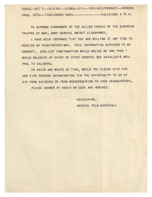 Cable from General Field Marshall Albert Kesselring to General Dwight D. Eisenhower