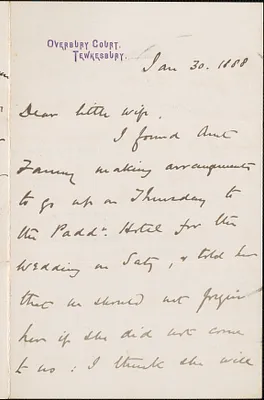 [John Biddulph Martin] autograph note to [Victoria Woodhull Martin], Tewkesbury, [England], January 30, 1888