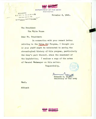 Memorandum from Secretary of the Army Kenneth Royall to President Harry S. Truman, with Attachments