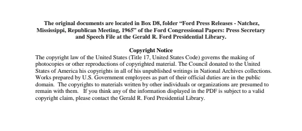 Ford Press Releases - Natchez, Mississippi, Republican Meeting, 1965