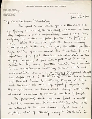 Richards, Theodore William, 1868-1928 autograph letter signed to Hugo Münsterberg, Cambridge, Mass., 10 January 1904