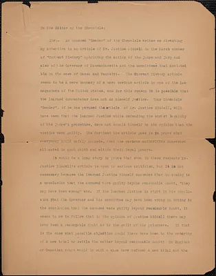 B. Russell typed letter (copy) to Editor, Chronicle, [1920-1927]