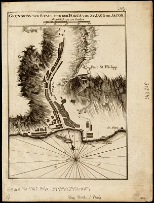 Grundriss der stadt und der forts von St. Jago od. Jacob